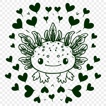 A vector illustration of a cute axolotl's head with love hearts surrounding it.