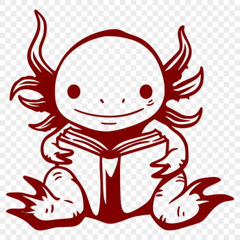 An illustrated axolotl animal sitting on its hind legs reading a book with a peaceful expression.