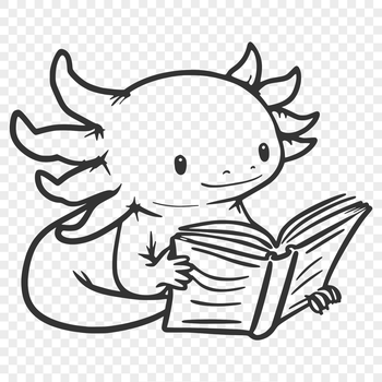 A full-body illustration of a cute axolotl animal sitting on its hind legs, reading a book.