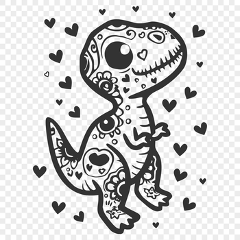 A cute prehistoric baby dinosaur with love hearts on its body.