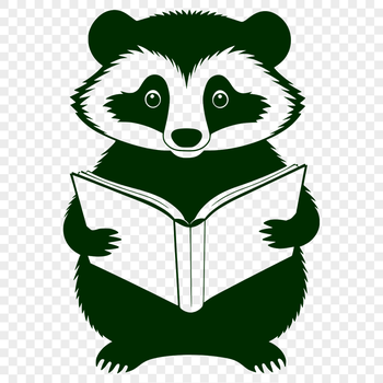 A cartoon wild animal badger sitting on the ground with a book in its paws.