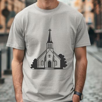 Baptist church building exterior with steep roof and steeple, vector illustration suitable for print or digital use.