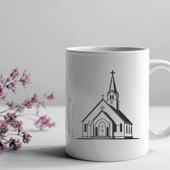 A simple illustration of a Baptist church building with a steeple and entrance.