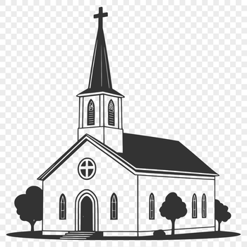 A simple illustration of a traditional Baptist church building with a steeple and entrance.