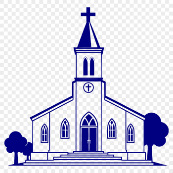 A simple illustration of a traditional Baptist church building with a cross on top.