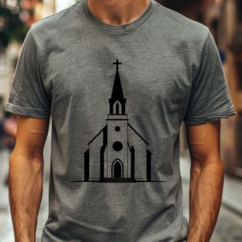 A digital illustration of a traditional Baptist church building with a steepled roof and Gothic architectural details.