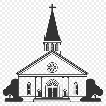 Baptist church exterior with steeple and congregation entrance, suitable for vector art design.