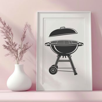 A vector illustration of a traditional outdoor BBQ setup with cooking utensils and food.