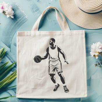 A stylized illustration of a basketball with textured details and dynamic lines.