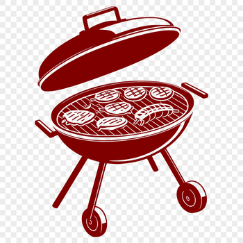A stylized illustration of a barbecue grill with food on the coals.