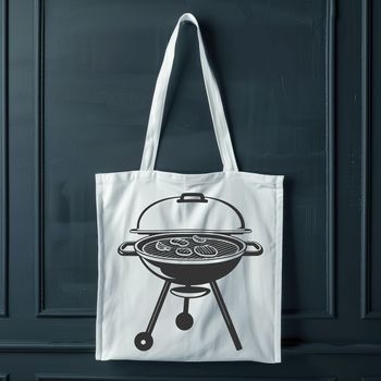 A digital illustration of a backyard barbecue setup featuring a grill and cooking utensils.