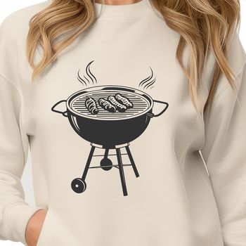 A graphic illustration of a BBQ grill with cooking utensils, ideal for vector art designs.