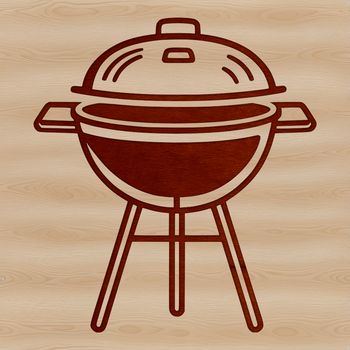A detailed illustration of a grill with sizzling food on the grill and utensils nearby.