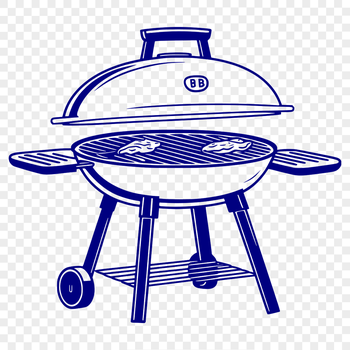 A simple illustration of a barbecue grill with utensils and food on the side.
