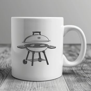 A vector graphic illustration of a barbecue grill with utensils and food.