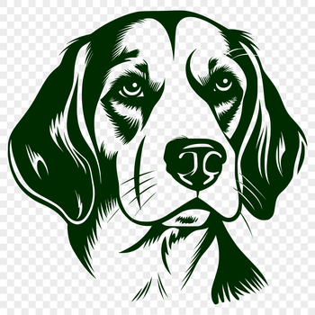 A stylized illustration of a Beagle's head with detailed features.
