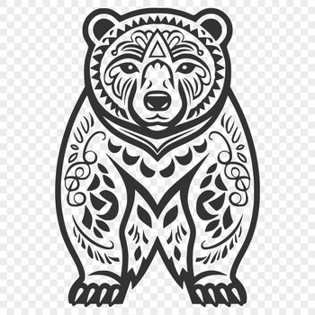 A stylized illustration of a bear in a sitting position, featuring intricate details and ornate design elements.