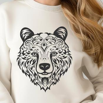 An ornately designed illustration of a bear's head with intricate details.