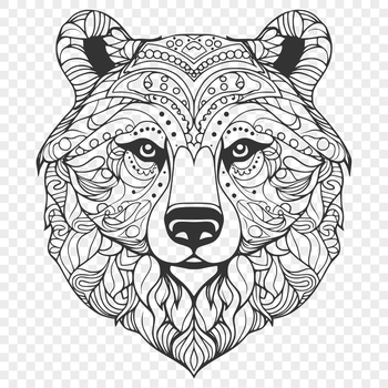 An illustration of a stylized bear's head with intricate details.