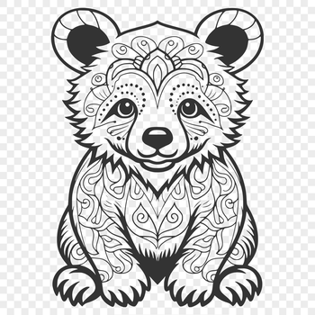 A detailed illustration of a bear in a sitting position, featuring intricate designs and patterns.
