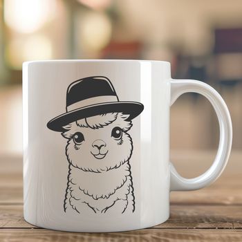 A South American camelid, known as an alpaca, with a hat on its head.