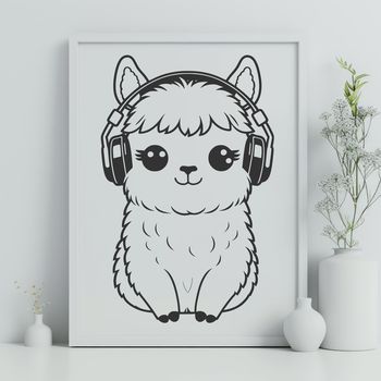 A stylized illustration of a happy alpaca wearing headphones.