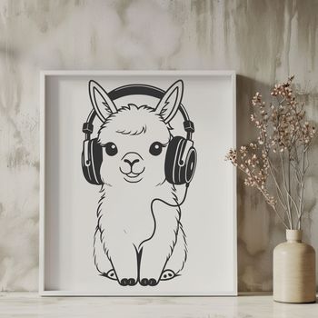 An illustration of a friendly alpaca wearing headphones, suitable for vector art designs.