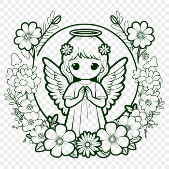A stylized illustration of a winged angel surrounded by floral motifs, suitable for digital use as a vector graphic.