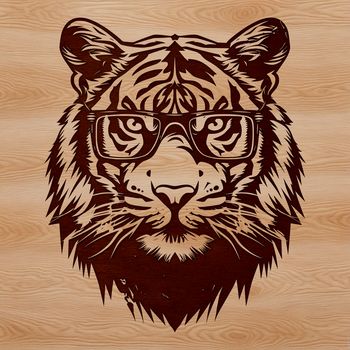 A close-up illustration of a tiger's head with glasses on, showcasing the distinctive features of a big cat.