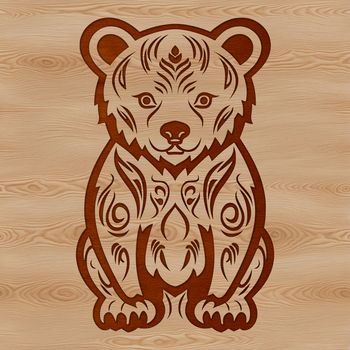 A stylized illustration of a bear sitting in a natural setting, featuring intricate details.