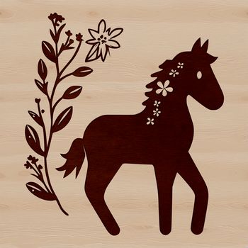 A stylized illustration of a horse with floral patterns and designs.