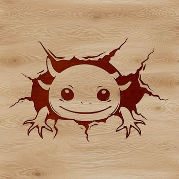 Axolotl salamander with a determined expression swimming through a wall, a vector illustration.