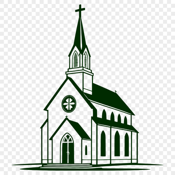A detailed illustration of a traditional Baptist church architecture with a steeple and a bell tower.