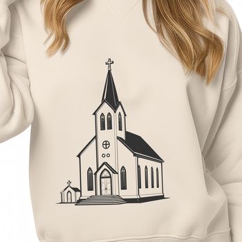 SVG illustration of a traditional Baptist church building with a steepled roof and pointed arches.