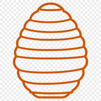 A stylized illustration of a beehive with bees flying around it.
