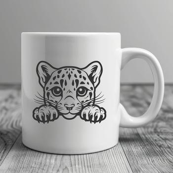 A wild big cat with a distinctive coat pattern is peeking out from behind some foliage.