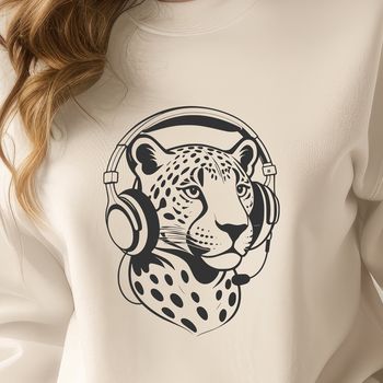 A vector illustration of a majestic jaguar with headphones on its head.