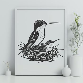 A colorful illustration of a hummingbird perched on a branch.