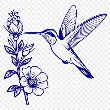 An illustration of a hummingbird in flight above a field of flowers.