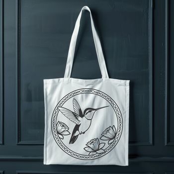 An SVG design featuring a stylized hummingbird in flight amidst lush greenery.
