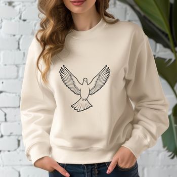 A simple line art illustration of a white dove perched on a branch, suitable for various design applications.