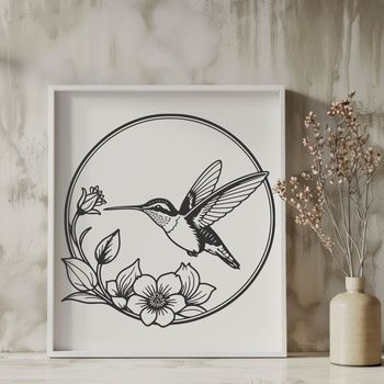 Illustration of a hummingbird in flight near flowers.