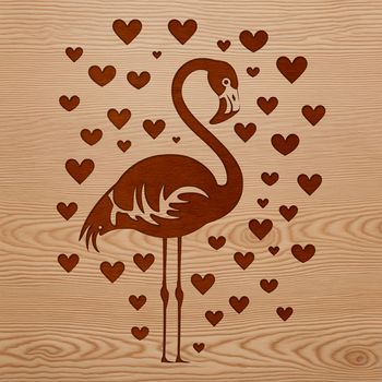A single flamingo standing in a field with heart symbols surrounding it.