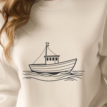 A simple vector graphic illustration of a boat with clean lines and minimal details.