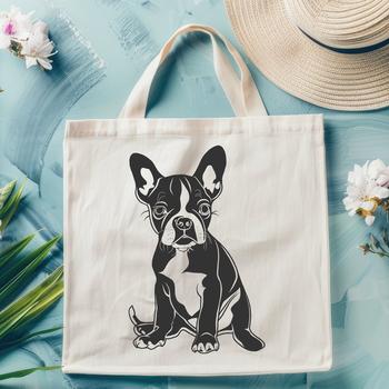 A detailed illustration of a sitting Boston Terrier dog breed.