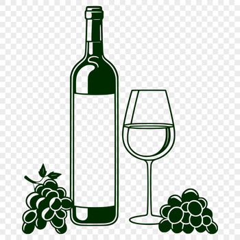 A digital illustration of a wine bottle on a table with a glass nearby.