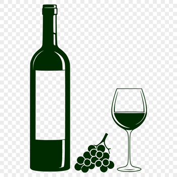 A hand-drawn illustration of a glass filled with red wine next to an empty bottle.