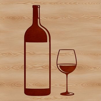 A detailed illustration of a glass containing red wine next to an empty bottle.