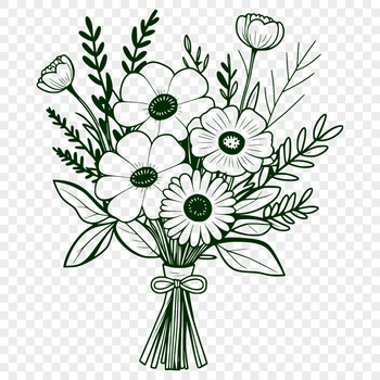 An illustration of a cluster of flowers tied together with a ribbon.