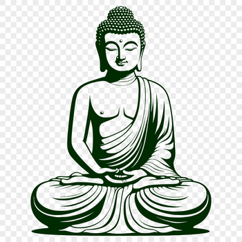 A stylized illustration of Buddha in a meditative pose.